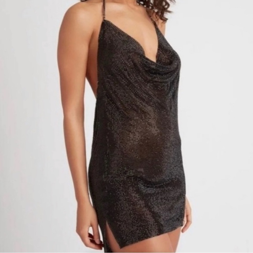 Shimmering Black Halter Mini Dress